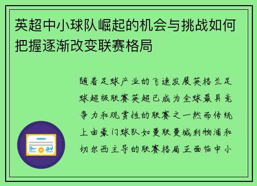 英超中小球队崛起的机会与挑战如何把握逐渐改变联赛格局